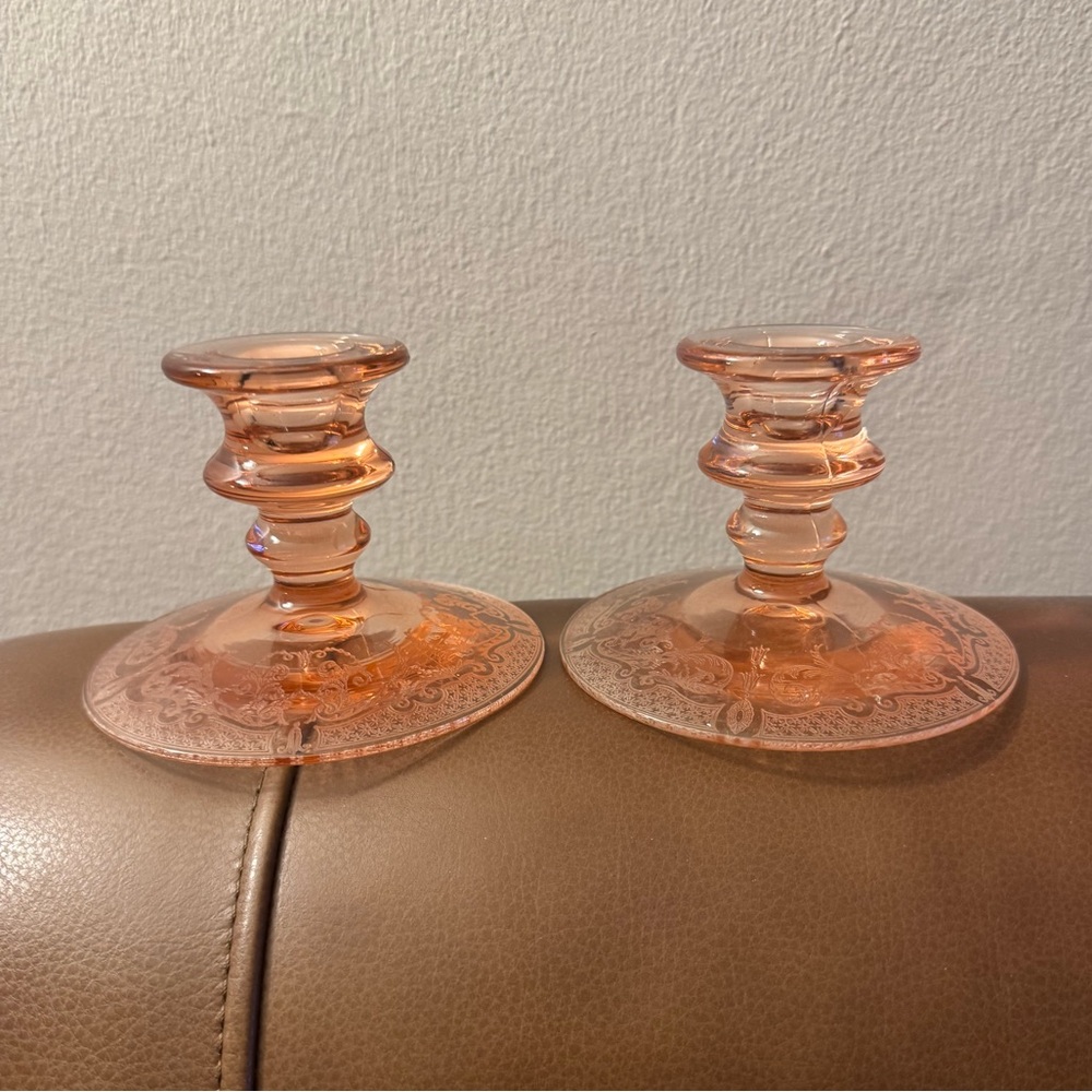 VTG elegant Heisey Mars flamingo pink depression glass candle stick holders